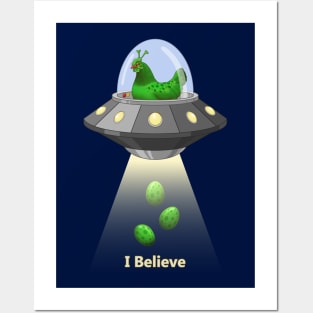 Funny Green Alien Chicken Egg Abduction Posters and Art